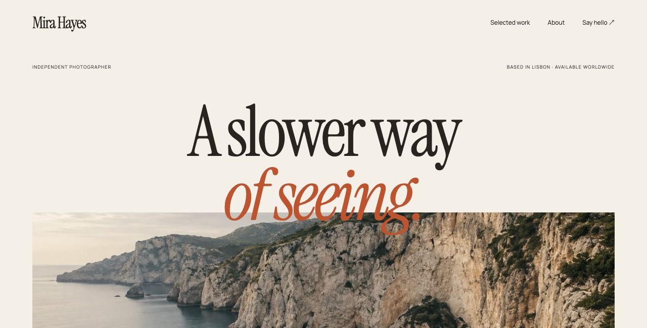 Folio portfolio template: editorial typography over a coastal photograph