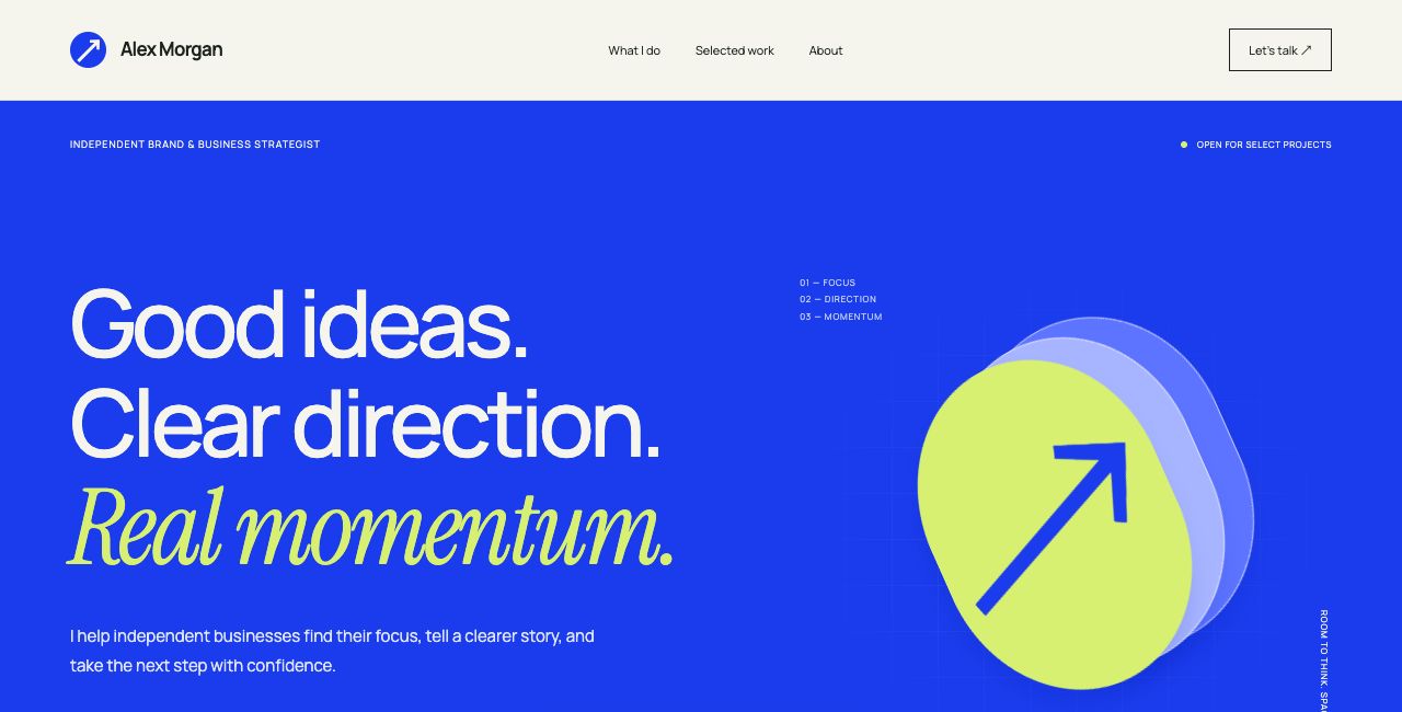 Forma service website template: bold cobalt blue typography and lime green geometric artwork